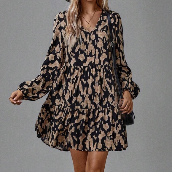 Dresses Maternity Leopard Print V Neck Ruffle Hem Long Sleeve Dress